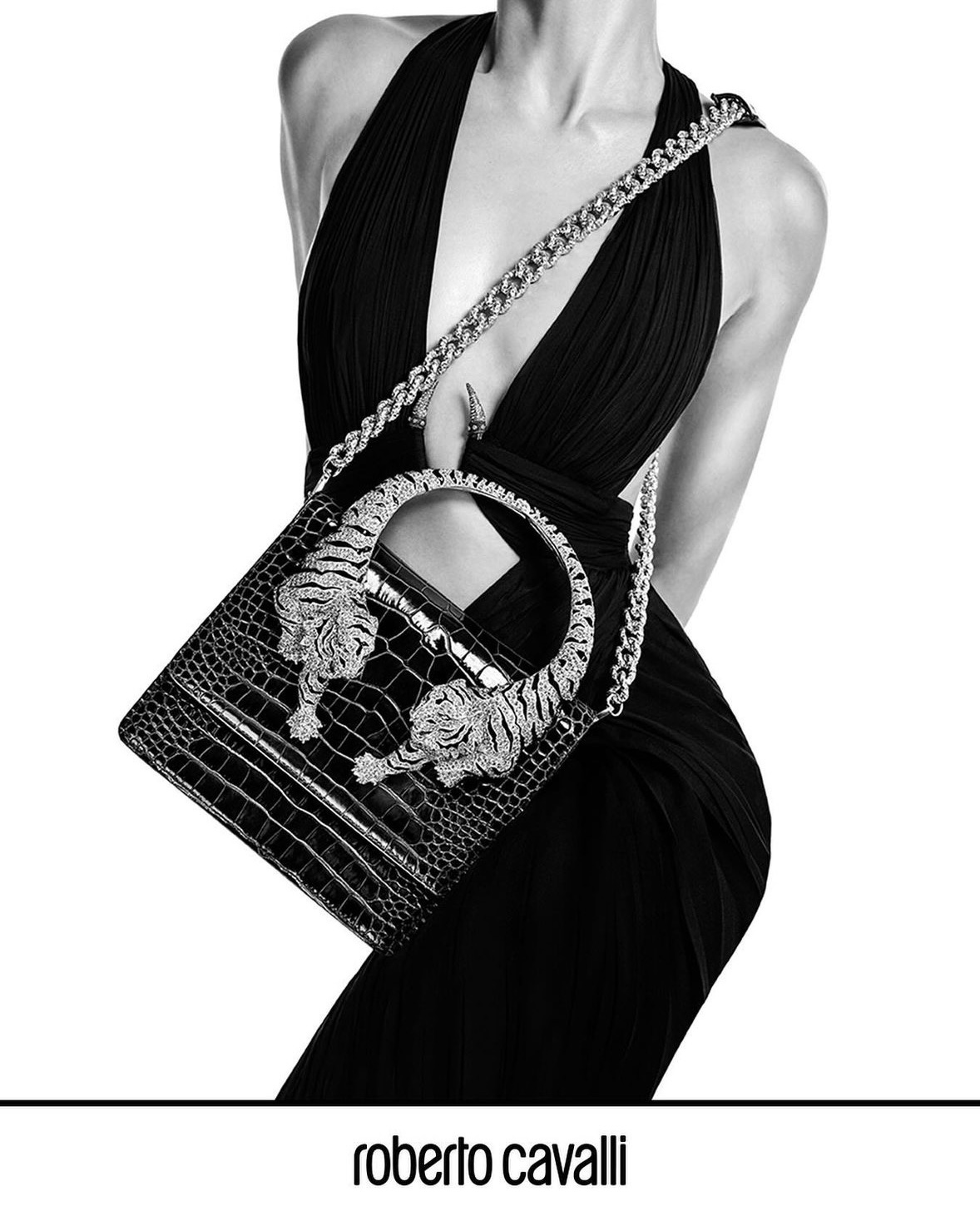 Black and white Roberto Cavalli Roar Bag campaign image