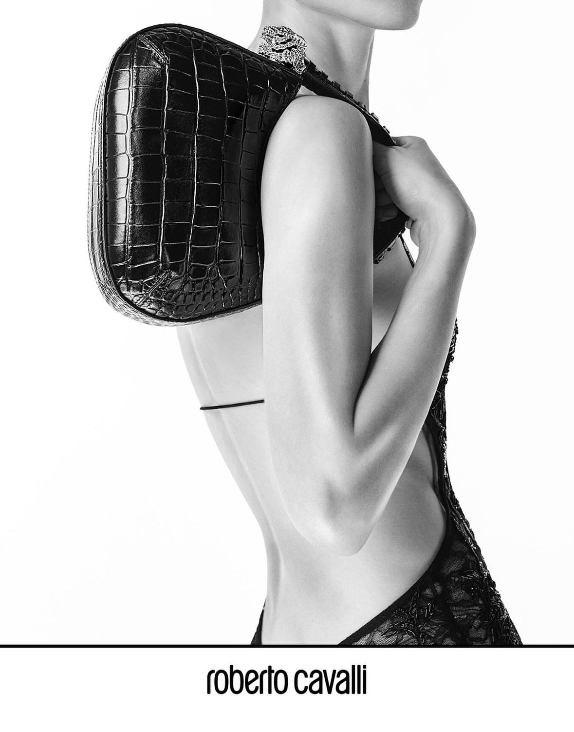 Roar Bag worn over the shoulder in the Roberto Cavalli campaign